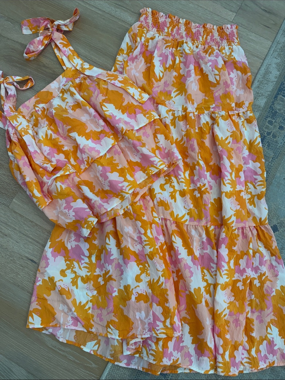 Women’s Floral Tiered Skirt and Top Set - Pink & Orange